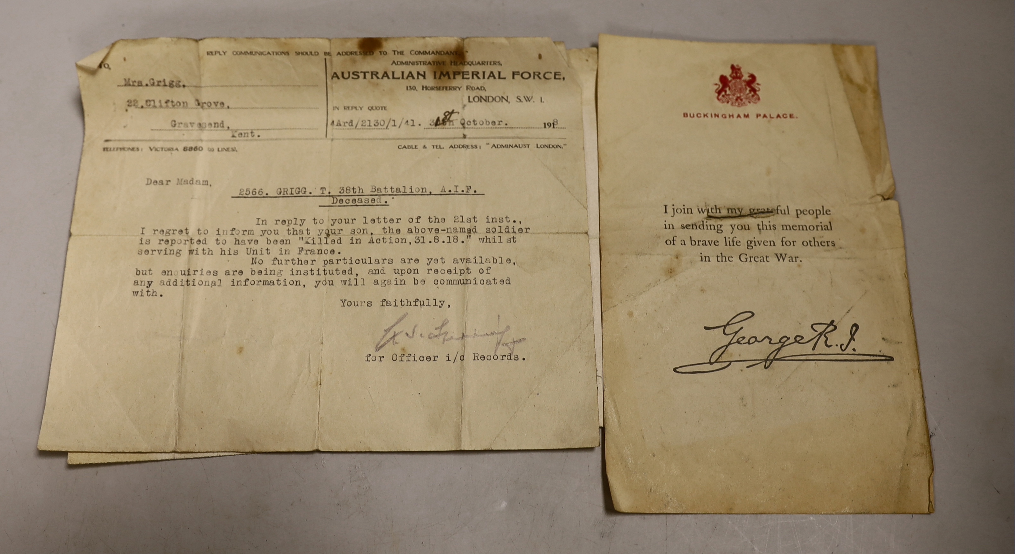 A WWI death plaque and Victory Medal to 2566 Private Thomas Grigg 38th Battalion, Australian Imperial Force